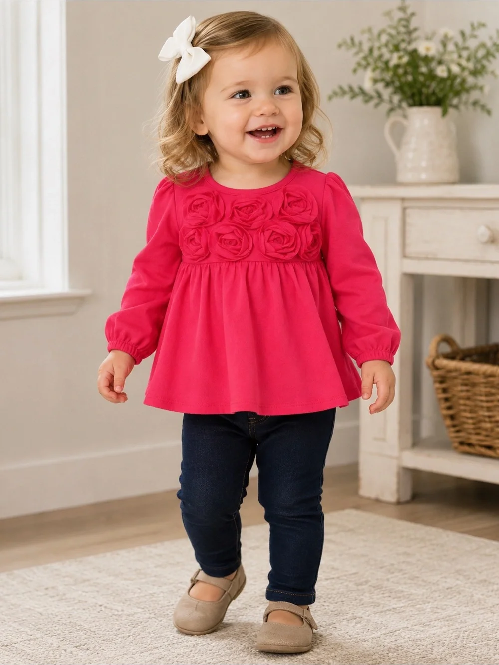 Baby Gap Girls 18-24M Pink Rosette Long Sleeve Swing Top